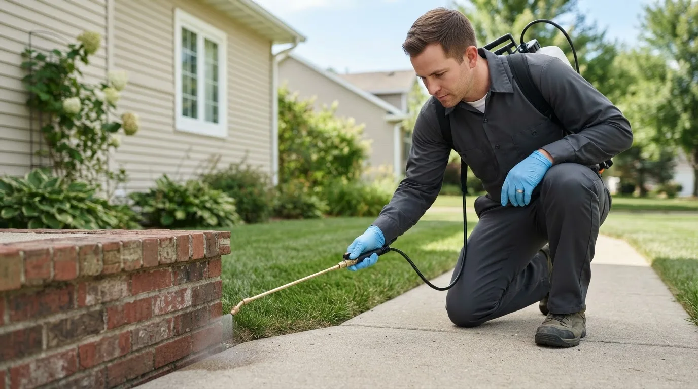Pest control technician treating a home near Walstonburg, NC