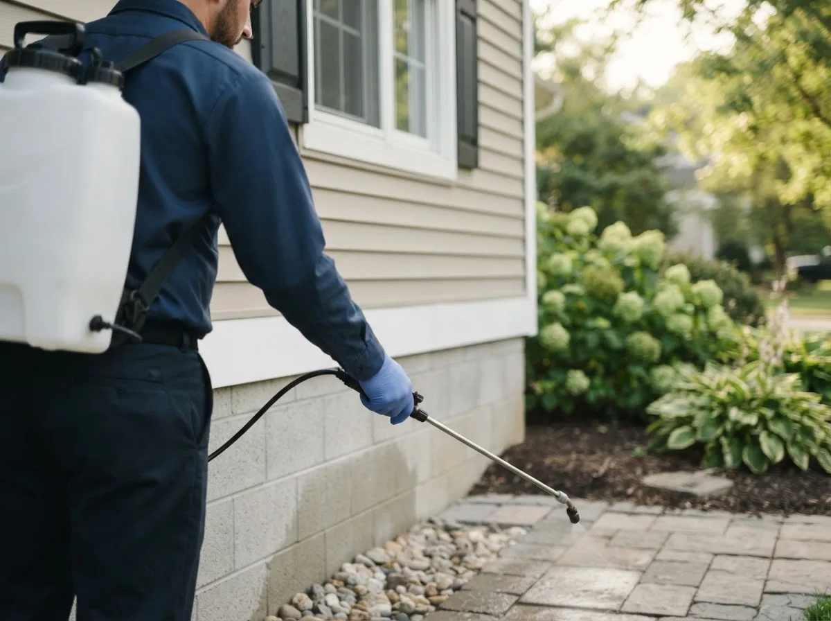 Pest control technician inspecting a home in Walstonburg, NC